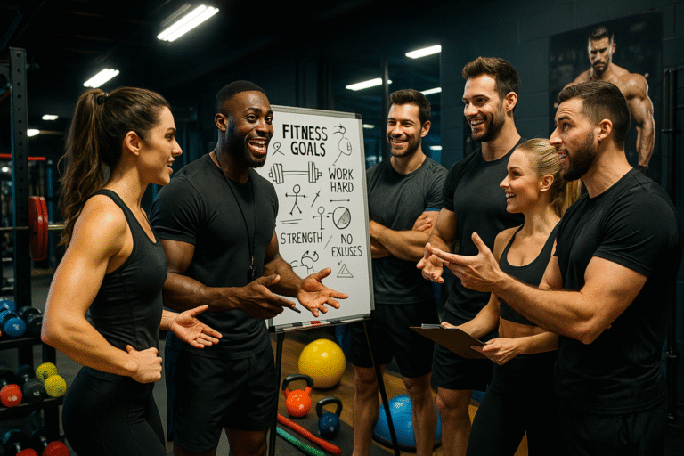 Personal trainer coaching a client in a gym, showcasing effective training techniques