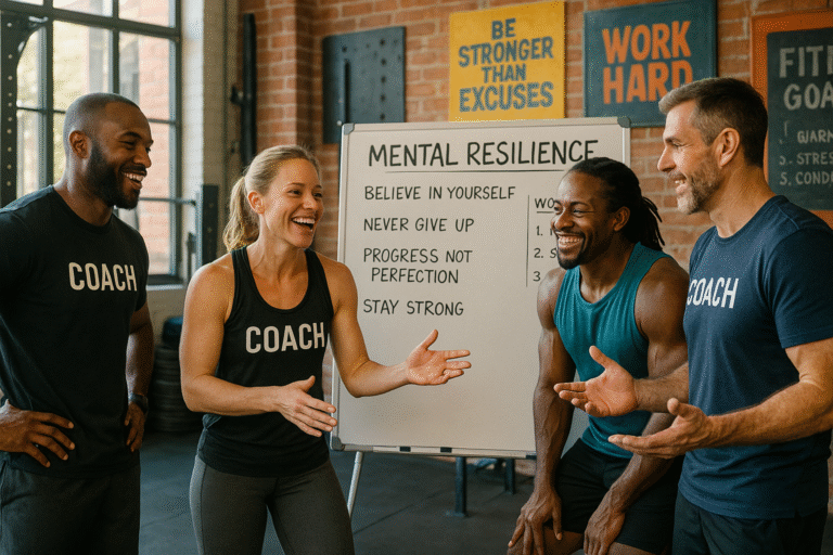 Fitness coach demonstrating resilience with a client during training