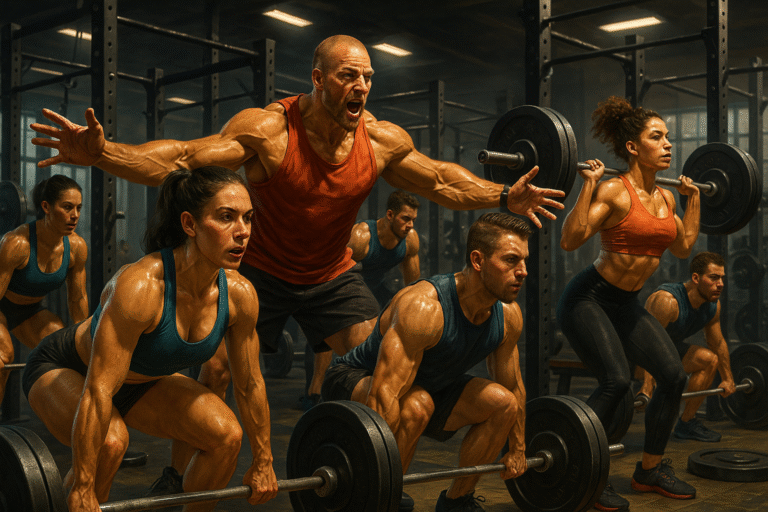 Coach demonstrating effective strength training routine to a client