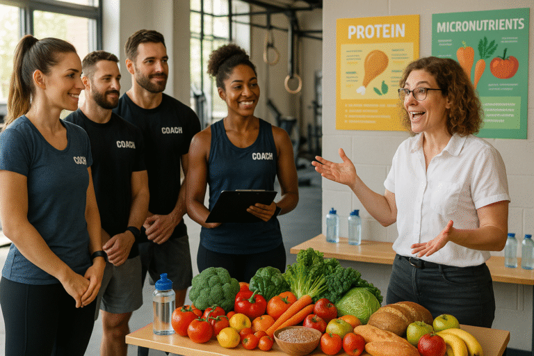 Fitness coach discussing nutrition tips with client using Synrgetic app