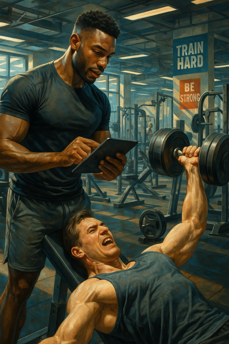 Fitness coach using Synrgetic app for client progress tracking